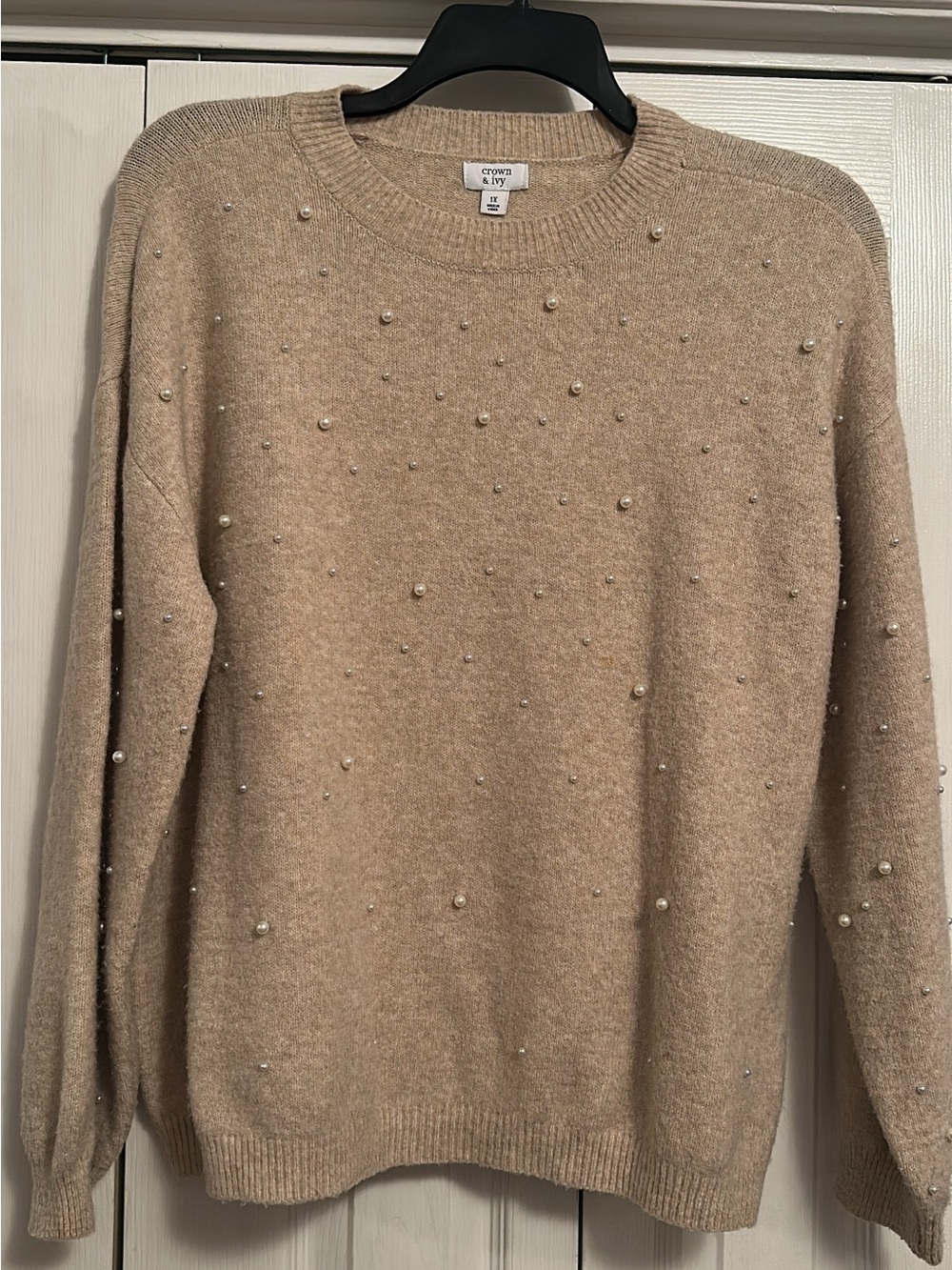 crown & ivy pearl-accented beige crewneck sweater